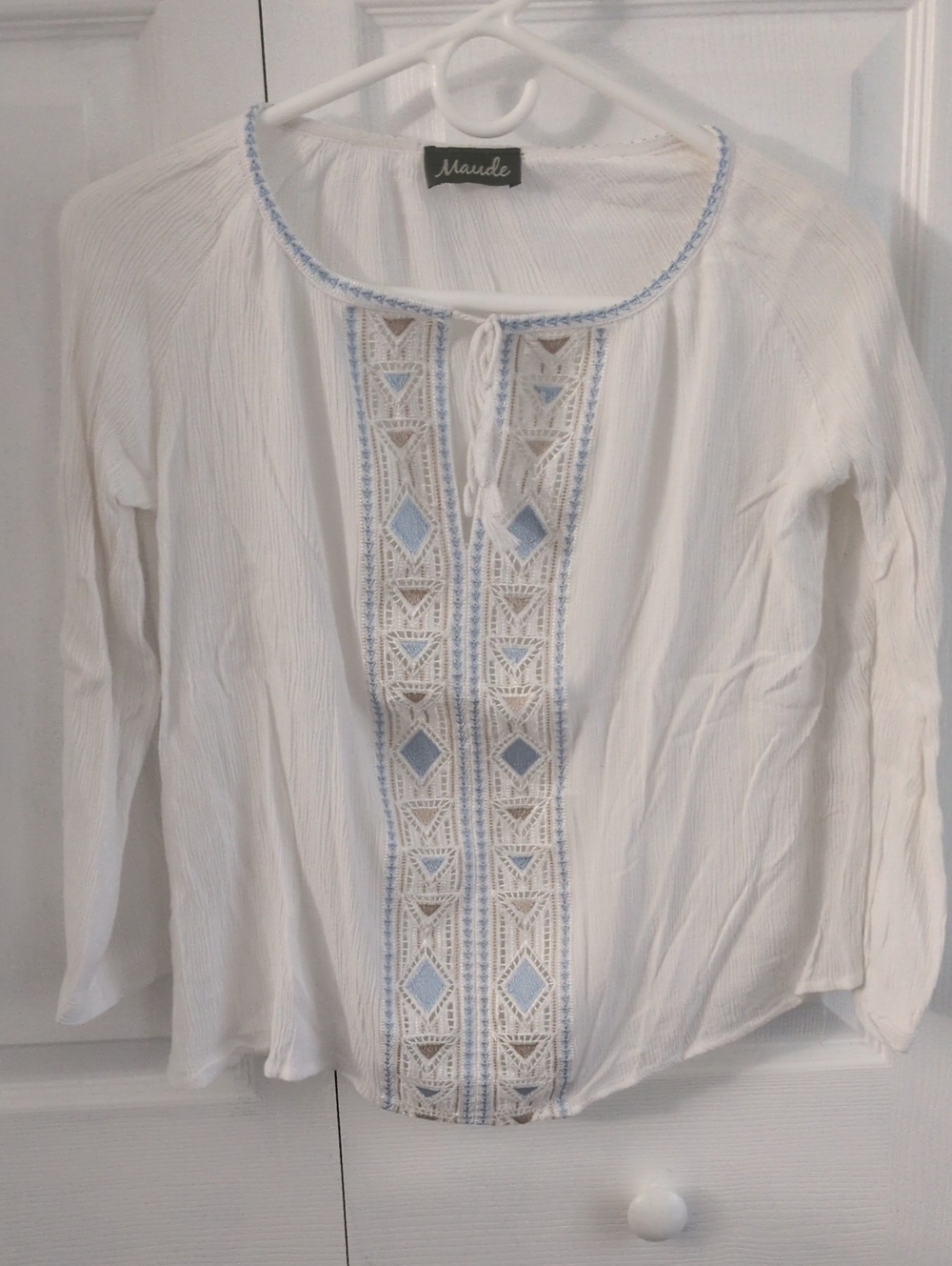 Maude White Peasant Tunic with Light Blue Embroidery